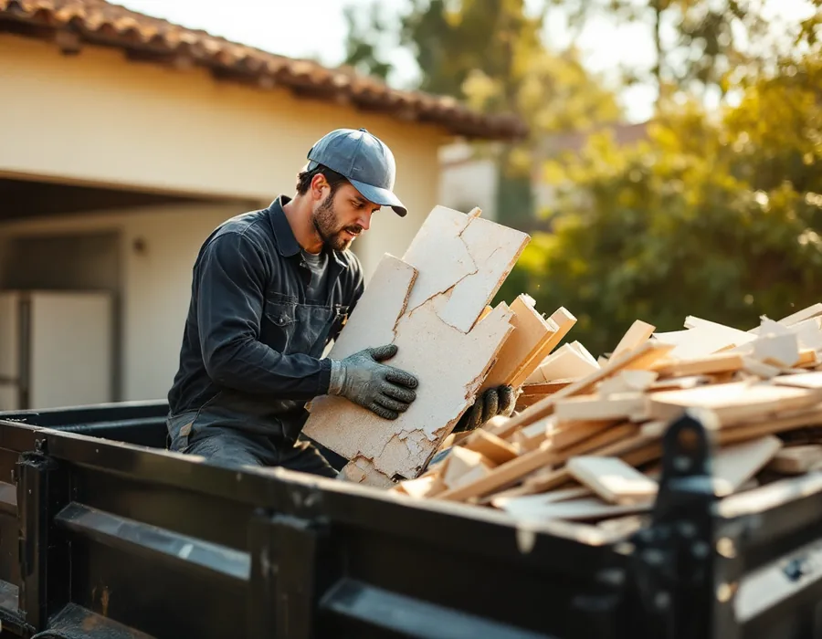 Worker loading construction debris and lumber into a dump trailer