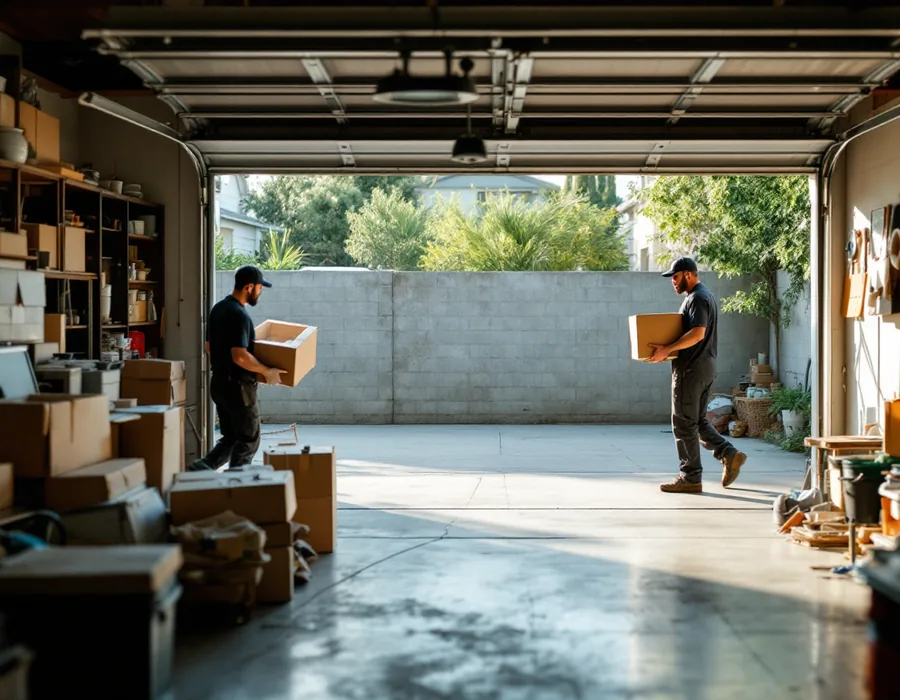 Residential garage being cleared out during a cleanout