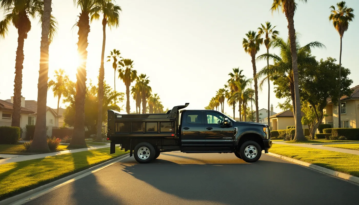Junk hauling truck and dump trailer parked on a Southern California street