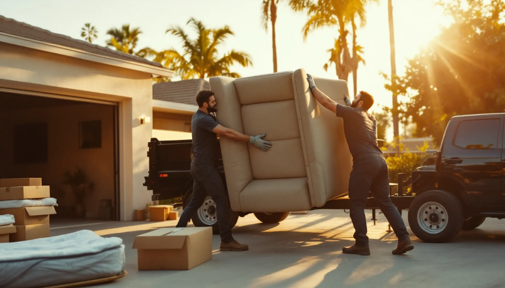 Junk removal crew loading an old sofa into a dump trailer in a Southern California driveway