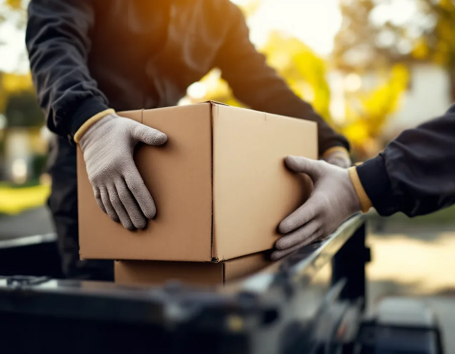 Gloved hands loading boxes into a dump trailer