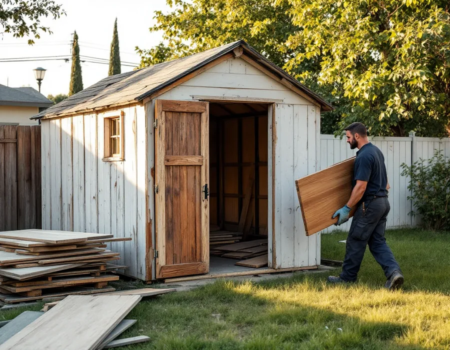 Old backyard wooden shed being taken apart and hauled away